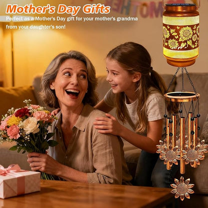 2 Pack Sunflower Solar Wind Chimes for Outside, Gifts for Mothers Day Mom Women Grandma Birthday Memorial Teacher, 32" Windchimes Outdoor Decor Hanging Solar Lantern for Garden Porch Patio Backyard