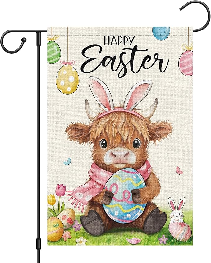 Heyfibro Happy Easter Highland Cow Bunny Garden Flag 12x18 Double Sided Burlap, Cute Cow with Bunny Ears & Easter Egg Yard Banner for Spring Holiday Farmhouse Yard Outdoor Decor(ONLY FLAG)