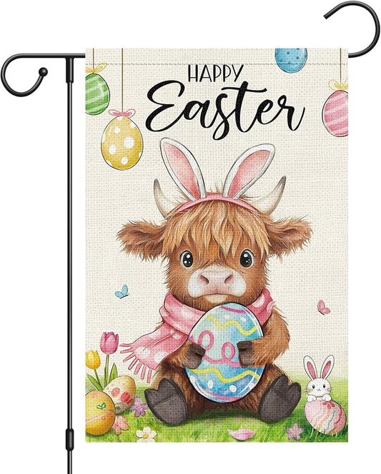 Heyfibro Happy Easter Highland Cow Bunny Garden Flag 12x18 Double Sided Burlap, Cute Cow with Bunny Ears & Easter Egg Yard Banner for Spring Holiday Farmhouse Yard Outdoor Decor(ONLY FLAG)