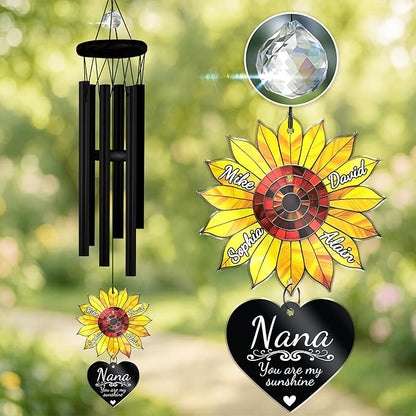 Personalized Grandma Sunflower Wind Chimes for Outside, Custom Crystal Suncatcher Ornament You are My Sunshine, Mother's Day Birthday Gift for Women, Mom, Outdoor Chimes Hanging, Nana Garden Décor