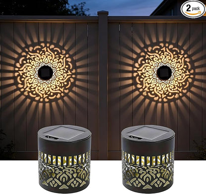 Solar Outdoor Fence Lights Decoration 2 Pack, Solar Wall Step Deck Lights Outdoor Garden Decor with Mandala Theme for Yard Art Porch Patio Backyard