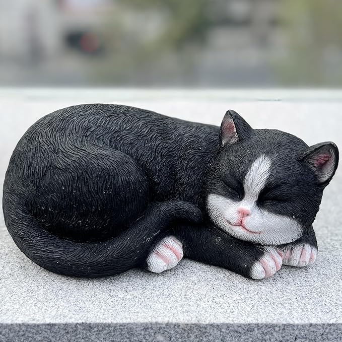 Tuxedo Sleep Cat Statues Outdoor Decorative, Cat Memorial Statue for Yard Lawn Patio Porch, Garden Pet Grave Marker Figures, 9.44" L x 6.29" W x 4.33" H