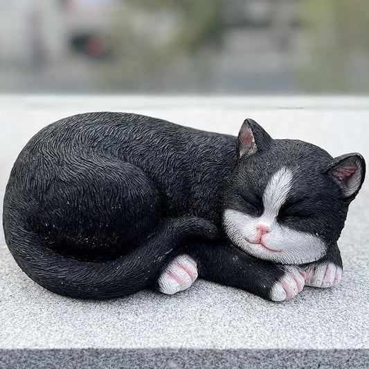 Tuxedo Sleep Cat Statues Outdoor Decorative, Cat Memorial Statue for Yard Lawn Patio Porch, Garden Pet Grave Marker Figures, 9.44" L x 6.29" W x 4.33" H