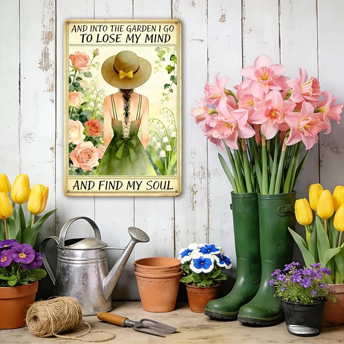Garden Signs for Outside, Funny Metal Signs for Home Garden Patio Yard, Vintage Gardening Gifts for Women - and Into The Garden I Go, Wall Decor 12" x 8"