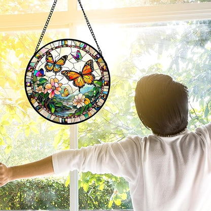 DASTOLL Stained Glass Window Hanging, Butterflies Flying in The Sky Suncatcher for Doors Home Sun Catchers Decoration and Christmas, Mother's Day Birthday Gifts for Women, Men, and Mom 11.8x11.8 in
