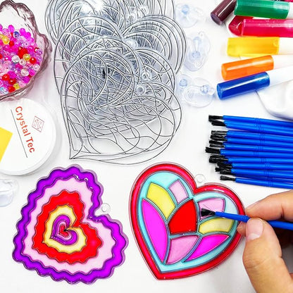 AUEKIV Valentines Suncatcher Crafts Kit 30 Sets Heart Suncatchers Window Art Paint Sun Catcher DIY Craft Kits Heart for Valentine's Day Classroom Activities Party Gift Exchange