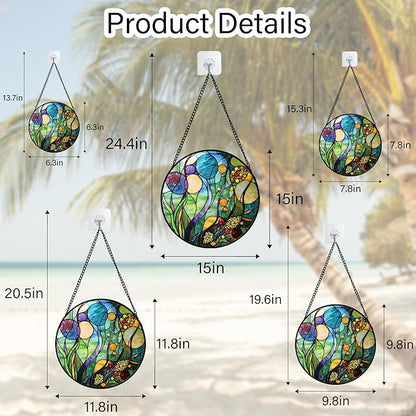Stained Glass Window Hanging Blue Ocean Water Plants Flower 6.3" - Suncatcher Door Garden Sun Catcher Home Decor Birthday Christmas for Mom Men Woman Nana Friend