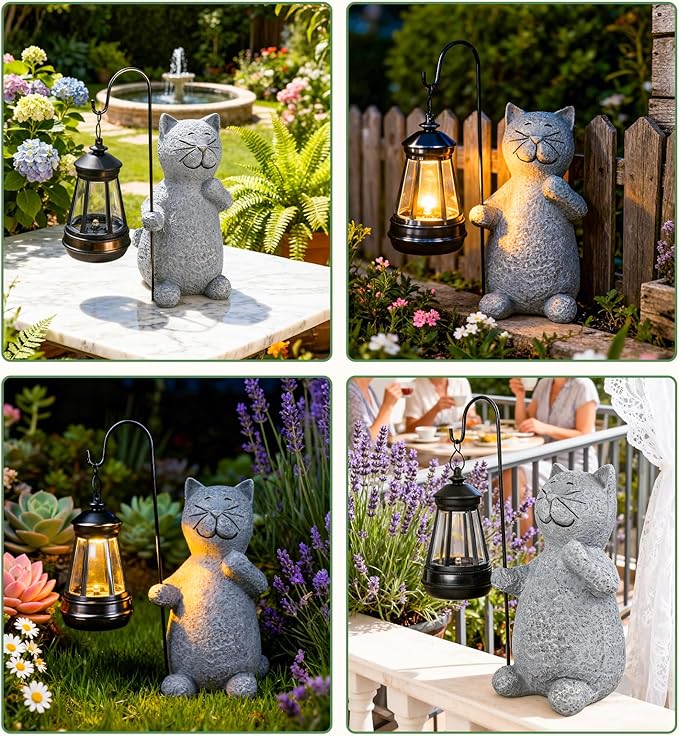 Solar Cat Garden Decor Outdoor Statues, Yard Art Lawn Ornaments, Outside Figurines Decorations for Home Patio Porch Balcony, Housewarming Gifts for Cat Lover (Two Packs)