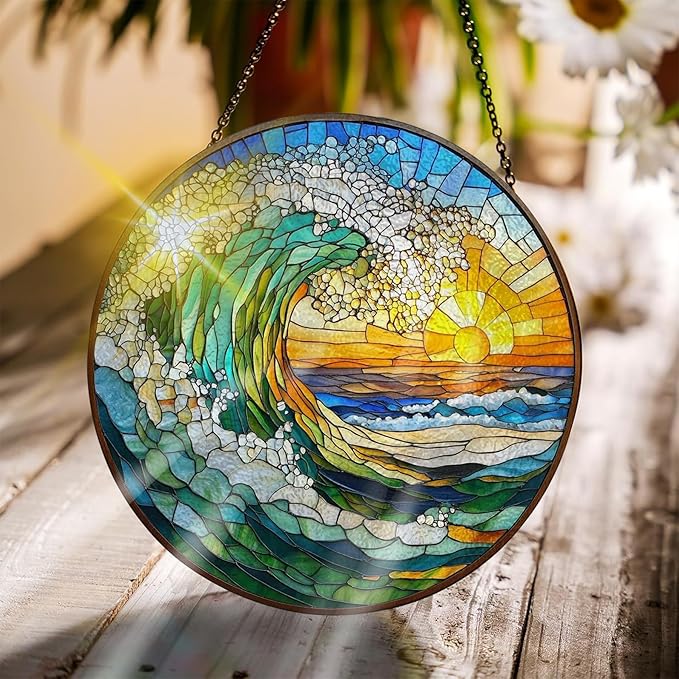 Bimkole Sun Waves Stained Glass Suncatcher Window Hanging - Landscape Indoor Window or Doorway Decoration - Handmade Sun Catcher Decor for Garden Home Christmas & Birthday Gifts 7.87x7.87 Inch