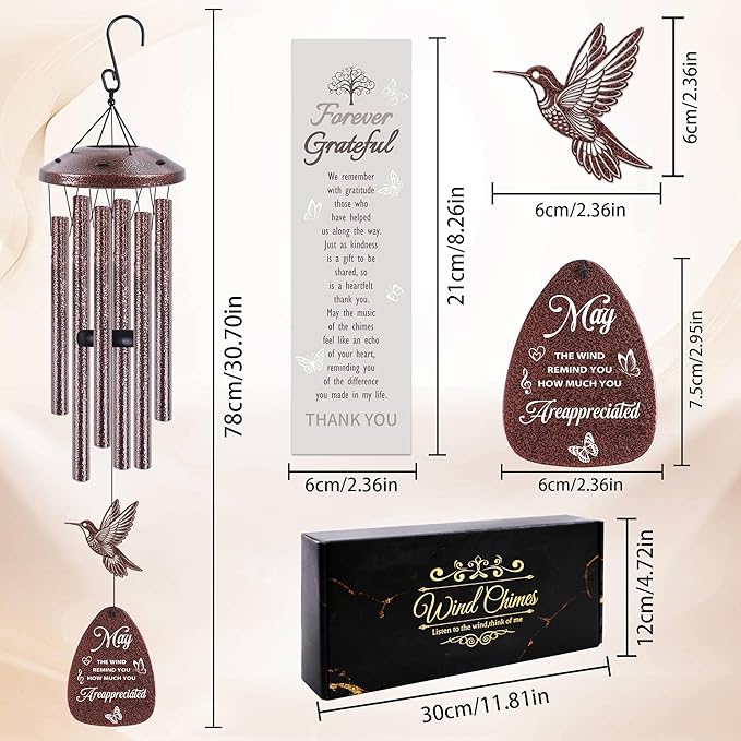 Thank You Wind Chimes for Outside: Thank You Gifts for Men Women, Mental Hummingbird Wind Chime, Thoughtful Appreciation Gift Set for Mom Friends Coworker Employee Teacher