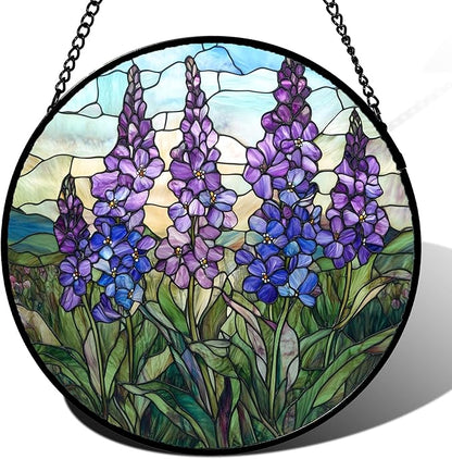 Stained Glass Window Hanging - Purple Delphinium Birth Flower Suncatcher for Door Garden Patio Sun Catchers Decor Christmas Mother's Day Birthday Gifts for Women Mom Nana Friend 9.8 in