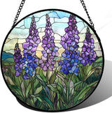 Stained Glass Window Hanging - Purple Delphinium Birth Flower Suncatcher for Door Garden Patio Sun Catchers Decor Christmas Mother's Day Birthday Gifts for Women Mom Nana Friend 7.8 in