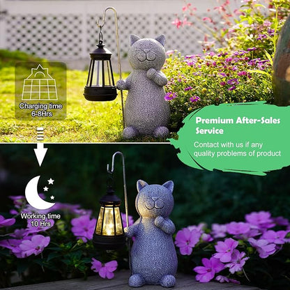 Qeeman Solar Cat Garden Statue: Weatherproof Resin Figurine with Warm Glow Lantern - Outdoor Decor for Yard Pathway Patio Porch Balcony - Gifts for Mom Grandma Cat Lovers