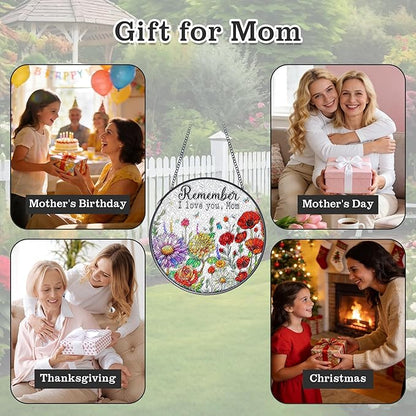 Gifts for Mom - Stained Glass Window Hanging Sun Catchers Indoor 6.3 Inch Colorful Wildflowers Mama Birthday Gift, Flower Suncatcher for Window Home Door Wall Garden Outdoor Decor for Mothers