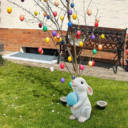 Solar Easter Rabbit Garden Statues Outdoor Easter Decorations Resin Bunny Figurine with Egg Changing LED Lights for Porch Patio Lawn Yard Gardening Gifts for Mom Grandma
