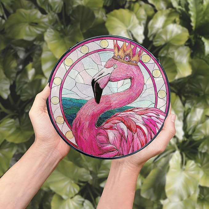 Pink Flamingo Stained Glass Window Hanging, Flamingo Suncatcher, Tropical Pink Flamingos Bird Sun Catchers Indoor Window Round Glass Wall Art Hanging Decorations, 7.9x7.9in