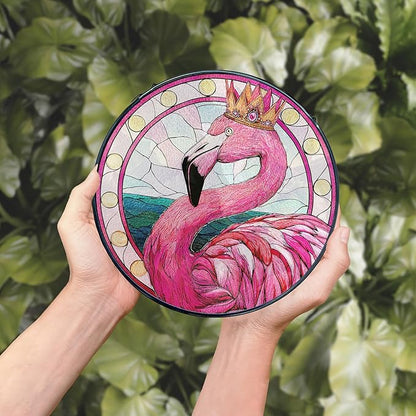 Pink Flamingo Stained Glass Window Hanging, Flamingo Suncatcher, Tropical Pink Flamingos Bird Sun Catchers Indoor Window Round Glass Wall Art Hanging Decorations, 7.9x7.9in