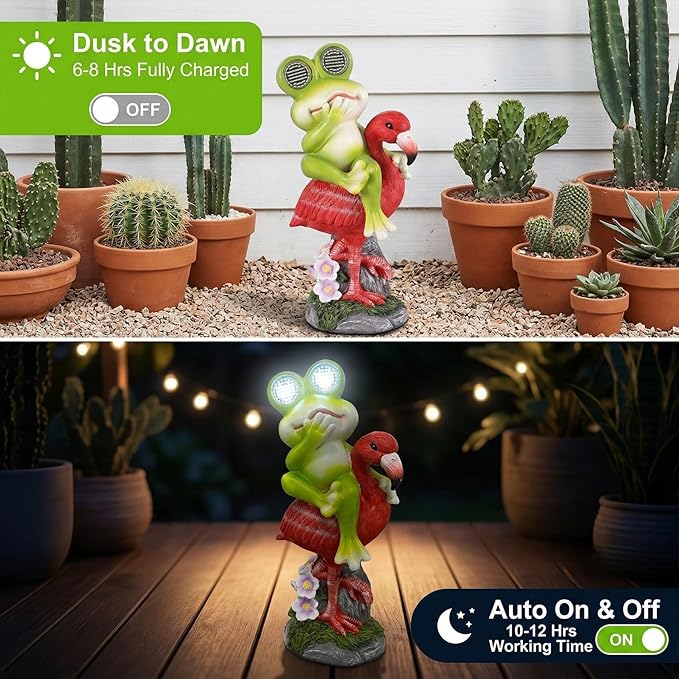 Solar Garden Decor Garden Statues Yard Art Frog Riding Flamingo Outdoor Funny Decoration for Lawn, Patio, Yard, Gardening Gifts for Women Mothers Day Gifts for Mom