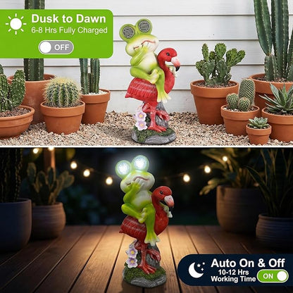 Solar Garden Decor Garden Statues Yard Art Frog Riding Flamingo Outdoor Funny Decoration for Lawn, Patio, Yard, Gardening Gifts for Women Mothers Day Gifts for Mom