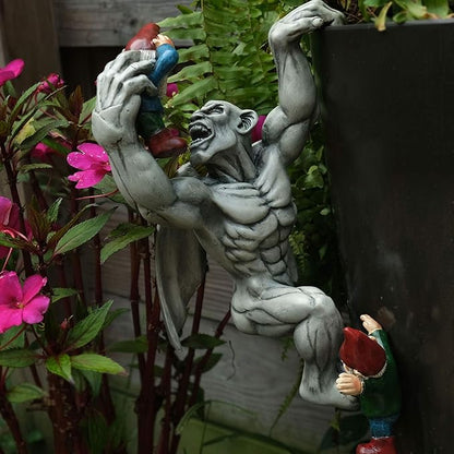 Great Gargoyle Gnome Massacre Fence Hanger - Polyresin Outdoor Wall Décor - Detailed Hanging Statue – Gnome with Gothic Climbing Grotesque Gargoyle for Patio, Porch, Fence, Garden