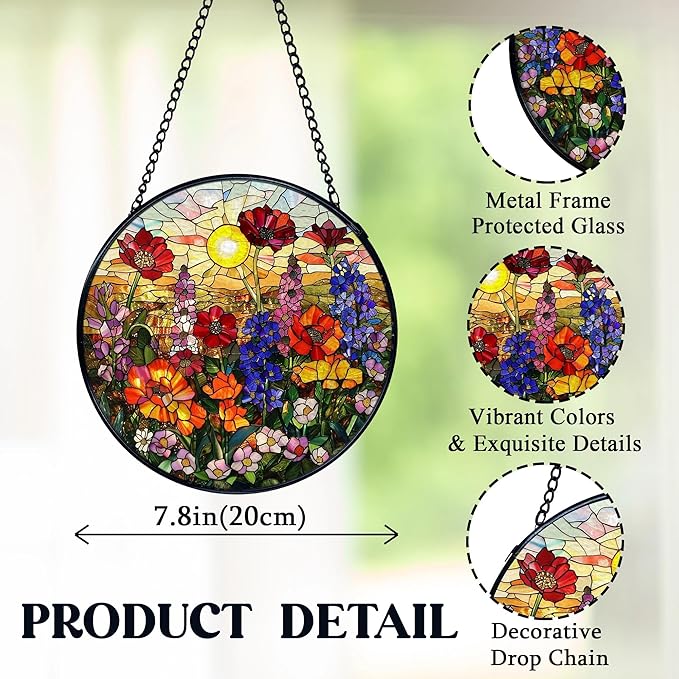 Flower Sunset Stained Glass Window Hanging, Cottagecore Wildflower Sun Catchers Indoor Window Round Glass Wall Art Decor, Floral Suncatcher Wall Hanging Decorations, Lawn Care