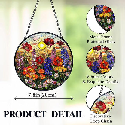 Flower Sunset Stained Glass Window Hanging, Cottagecore Wildflower Sun Catchers Indoor Window Round Glass Wall Art Decor, Floral Suncatcher Wall Hanging Decorations, Lawn Care