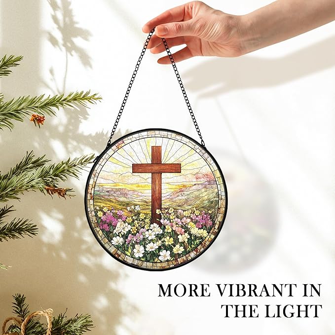 Christian Suncatcher Stained Glass Cross Window Hanging Wall Decor, Christmas Religious Gifts for Women, Easter Religious Baptism Floral Garden Lawn Sun Catchers for Window Hanging Art, 7.9x7.9