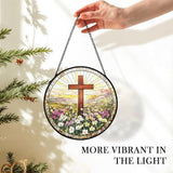 Christian Suncatcher Stained Glass Cross Window Hanging Wall Decor, Christmas Religious Gifts for Women, Easter Religious Baptism Floral Garden Lawn Sun Catchers for Window Hanging Art, 7.9x7.9