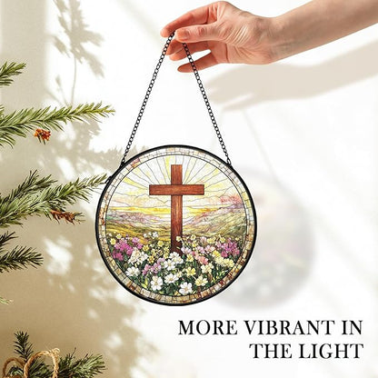 Christian Suncatcher Stained Glass Cross Window Hanging Wall Decor, Christmas Religious Gifts for Women, Easter Religious Baptism Floral Garden Lawn Sun Catchers for Window Hanging Art, 7.9x7.9