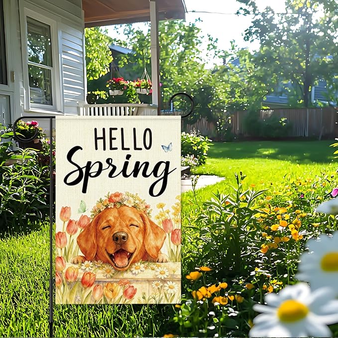 Hello Spring Golden Retriever Dog Garden Flag,Smiling Golden Retriever Spring Garden Flag for Outside Porch Lawn Yard Flags for Outdoor Decorations 12x18 Inch Double Sided