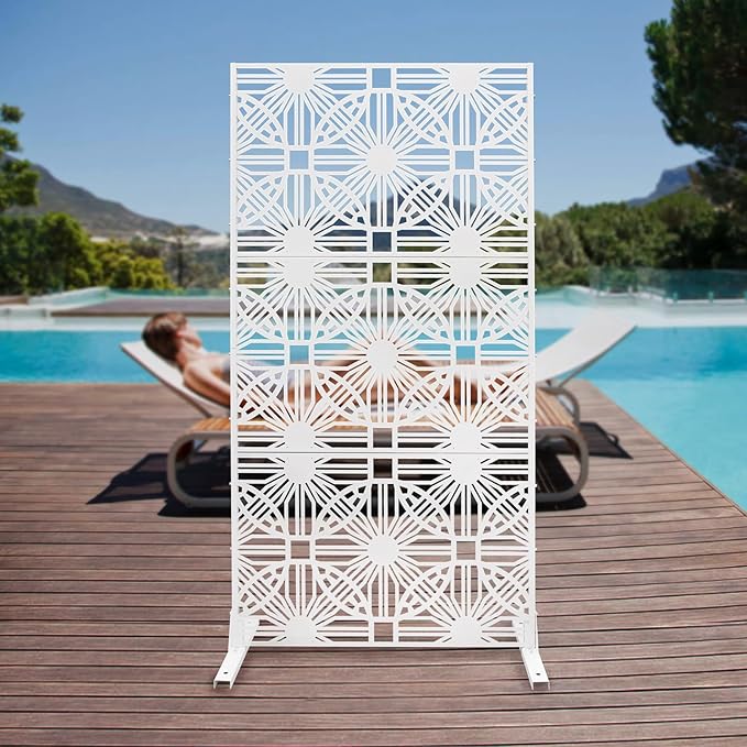 Metal Privacy Screen, 72" H x 36" W Freestanding Privacy Screens, Patio Decorative Metal Fence Panels with Stand, Portable Divider Screens, for Backyard/Patio/Deck (White-Great Unity, 72''H×36''W)