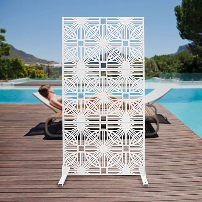 Metal Privacy Screen, 72" H x 36" W Freestanding Privacy Screens, Patio Decorative Metal Fence Panels with Stand, Portable Divider Screens, for Backyard/Patio/Deck (White-Great Unity, 72''H×36''W)