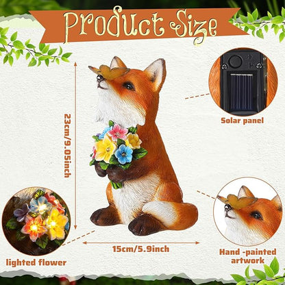 Threehoney Solar Fox Decor for Garden Outdoor Lighted Resin Fox Statue Figurine with LED Light Butterfly Flower Garden Statue for Yard Patio Balcony Women Mom Grandma Mother's Housewarming Gift
