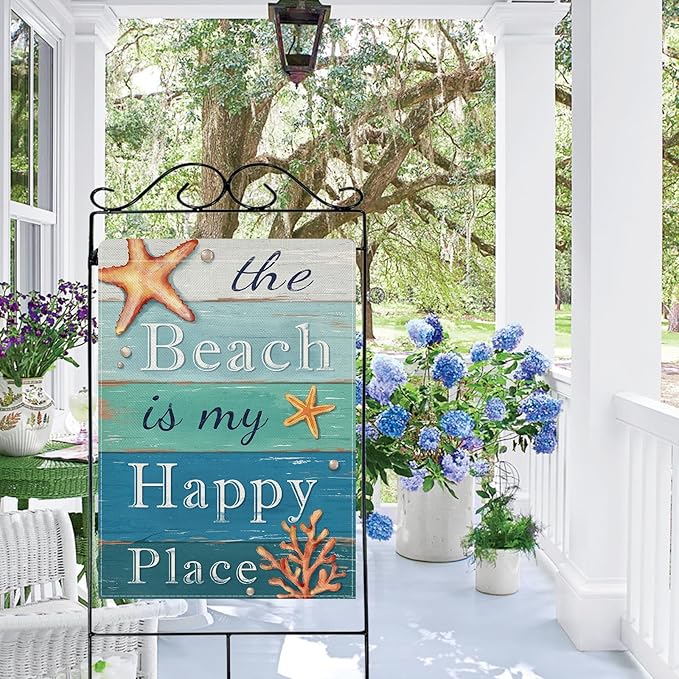 Dyrenson Summer The Beach is My Happy Place 28 x 40 House Flag Double Sided, Blue Coastal Starfish Farmhouse Garden Yard Decorations, Coral Pearl Nautical Rustic Outdoor Decor Decorative Large Flag