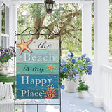 Dyrenson Summer The Beach is My Happy Place 28 x 40 House Flag Double Sided, Blue Coastal Starfish Farmhouse Garden Yard Decorations, Coral Pearl Nautical Rustic Outdoor Decor Decorative Large Flag