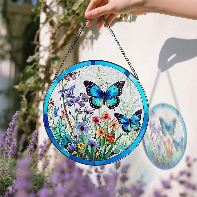 Stained Glass Window Hanging, 8 Inch Butterfly Sun Catchers Indoor Window, Suncatchers for Windows Hanging, Home Decoration and Christmas, Festival, Mother's Day, Birthday, Gifts for Women, Mom
