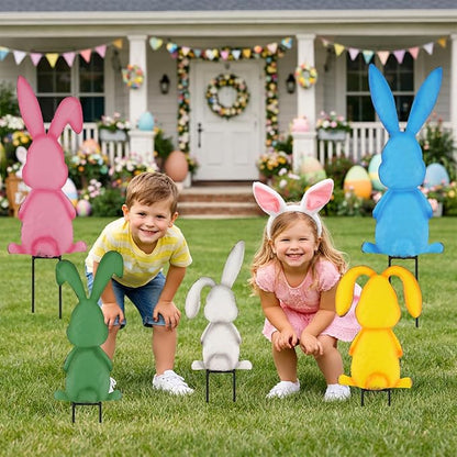 Metal Easter Yard Signs 5pcs with Stakes Welcome Peeps Bunny Garden Decorations Outdoor Holiday Welcome Signs for Happy Easter Themed Festival Party Supplies, Lawn, Garden Yard Decor