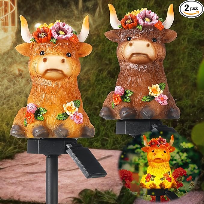 Rossesay 2 Pack Highland Cow Solar Lights Outdoor Garden Gnome Statues Resin Lamp Decor Waterproof Stake Lights Highland Cow Gifts for Yard Patio Lawn Decor