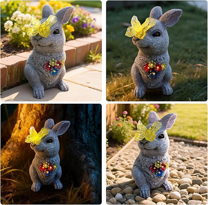 Solar Bunny Garden Statue with Glowing Butterfly - 8.3" Outdoor Garden Decor for Yard, Patio - Resin Rabbit Decor Figurine Lights - Perfect Mother's Day & Birthday Gifts for Mom, Grandma