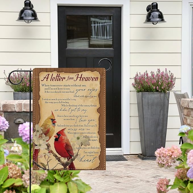 Dyrenson Memorial Cardinal A Letter From Heaven Decorative Garden Flag, Vintage Red Birds Dogwood Flower Cemetery Yard Outside Home Decoration, Retro Burlap Outdoor Small Decor Double Sided 12 x 18