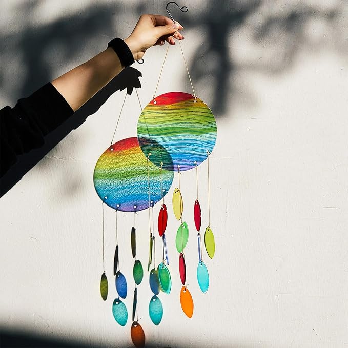 YU FENG Rainbow Stripe Disc Glass Wind Chime – Vibrant Colorful Hanging Decor for Indoor Spaces & Windows