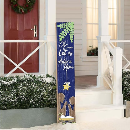 Merry Christmas Porch Sign Let Us Adore Him Wooden Welcome Sign Vertical Xmas Hanging Signs For Standing Front Porch Decor Rustic Wall Decor Home Farmhouse Yard Door Winter Decorations 47.2"H