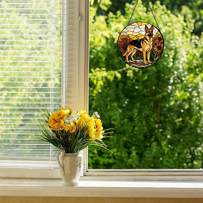 Stained Glass Suncatcher German Shepherd Among Sunflowers Handmade Window Hangings Colored Glass Suncatcher for Indoor Garden Christmas Home Decor Gift for Pet Dog Lover Memorial (7.9in)