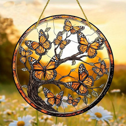 7.87Inch Butterfly Sun Catcher Acrylic Garden Cute Yellow Tree of Life Stained Suncatcher Decor Colorfu Glass for Wall Home, Garden, Housewarming Women Neighbor Decor Gifts for Mom