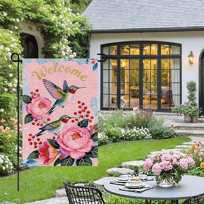 IVN Hummingbird Garden Flag 12x18 Inch – Welcome Floral Outdoor Flag, Double Sided Burlap Spring Summer Yard Flag for Porch Lawn Patio Decor