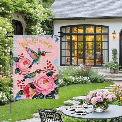 IVN Hummingbird Garden Flag 12x18 Inch – Welcome Floral Outdoor Flag, Double Sided Burlap Spring Summer Yard Flag for Porch Lawn Patio Decor