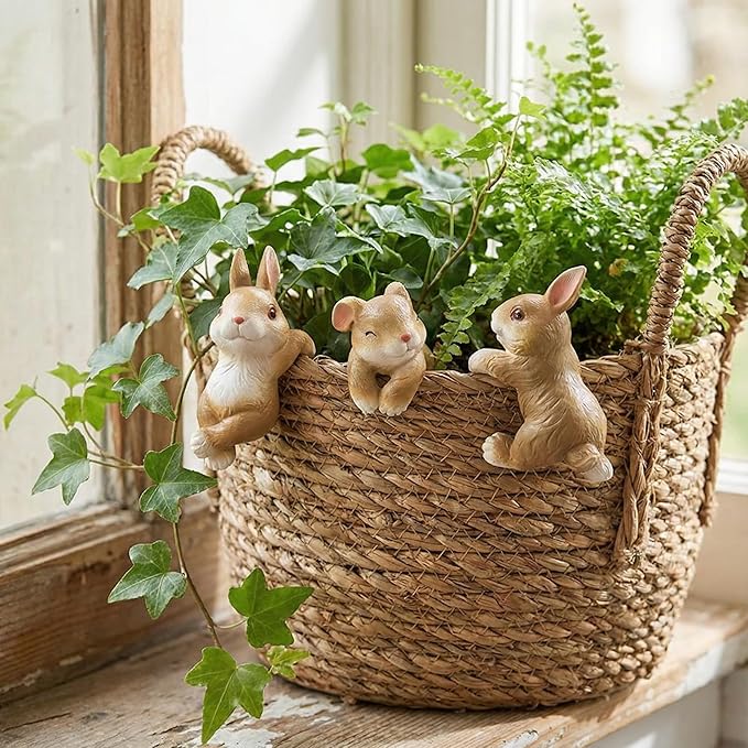 3Pack Rabbit Garden Decor Hanging Rabbit Statue,Cute Garden Rabbit Outdoor Decor for Flower Pots, Indoor Shelf & Patio, Funny Rabbit Ornament Gift for Flower Pot Garden Decor