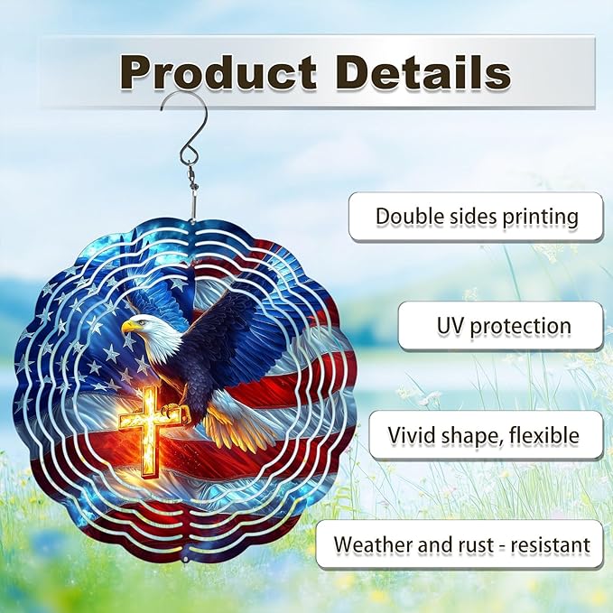 American Flag Eagle Wind Spinner Outdoor, 8 Inch 3D Metal Garden Wind Spinner, Stainless Steel Patriotic Yard Hanging Decor Gift