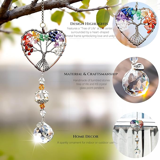 H&D HYALINE & DORA Suncatcher Window Hanging Tree of Life Heart Shaped Crystal Ball Prism Drop Pendant