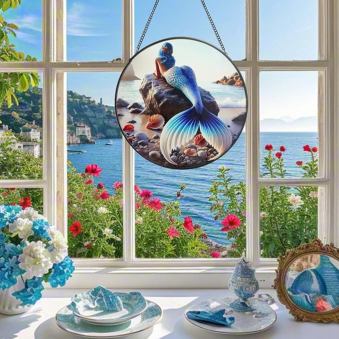 Mermaid Stained Glass Window Hanging, Sun Catcher for Windows Hanging Mermaid Wall Decor Ocean Wall Art Decor for Home, Aquarium, Gifts for Women